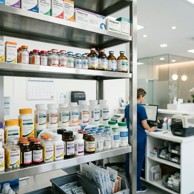 Veterinary medicines and products in a modern pharmacy